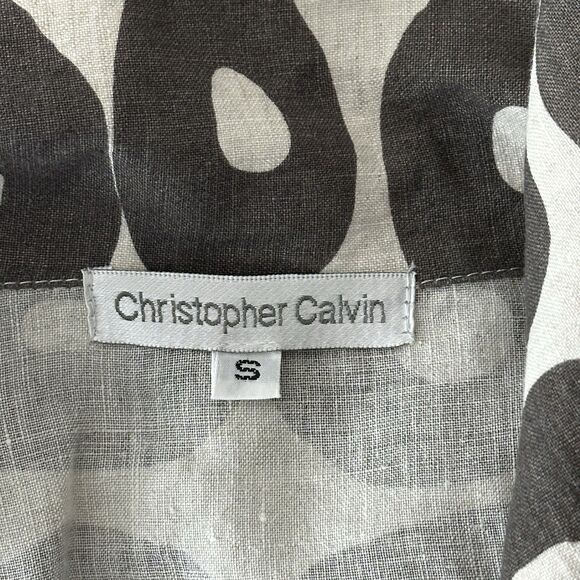 Christopher Calvin Linen Top Small Beige Gray Geometric Shirt Lagenlook Modern - Picture 11 of 12